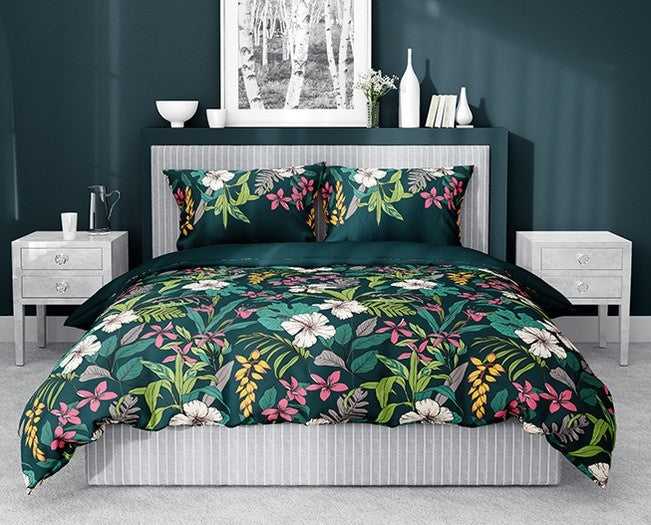 Katoen satijn dekbedovertrek bloemen petrol blauw - 1-persoons (140x200 + 70x80 cm)