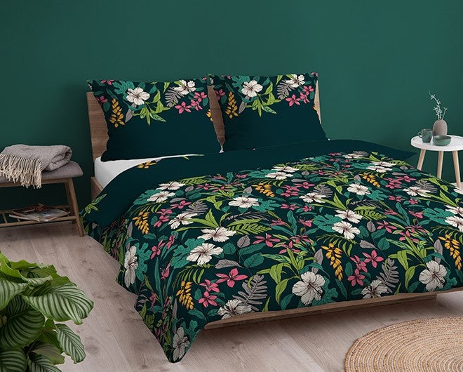 Katoen satijn dekbedovertrek bloemen petrol blauw - 1-persoons (140x200 + 70x80 cm)