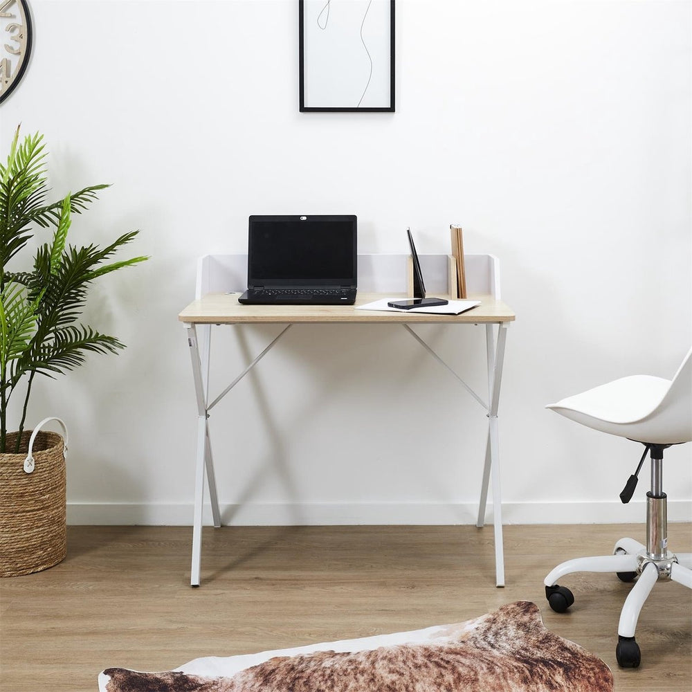 Bureautje met houten blad en wit schotje en onderstel