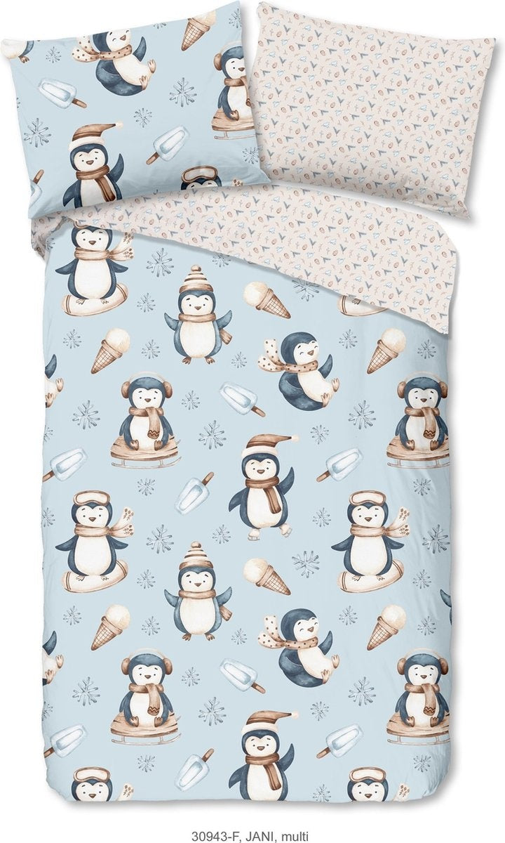 Flanel kinderdekbedovertrek Jani - pinguïns - lichtblauw - eenpersoons (140x220 + 60x70 cm)