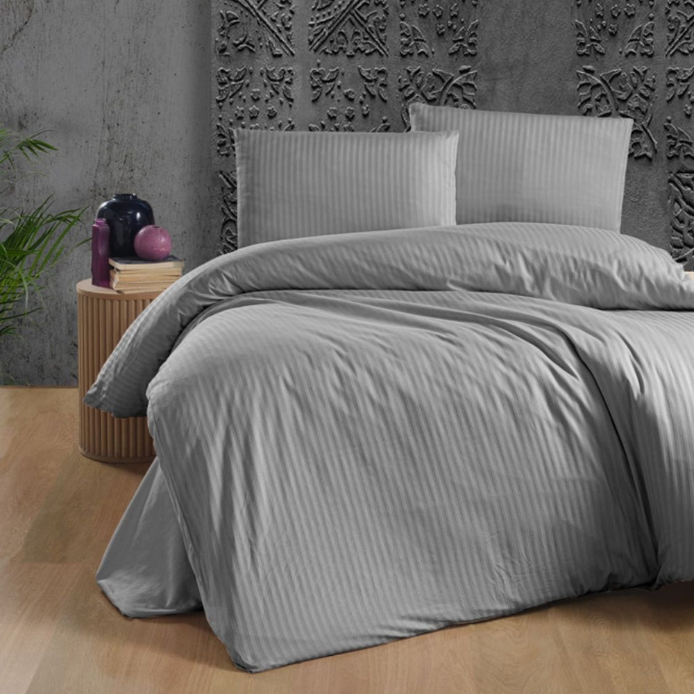 Hotelstreep dekbedovertrek - grijs - katoensatijn - 2-persoons (200x220 + 2st 60x70cm)