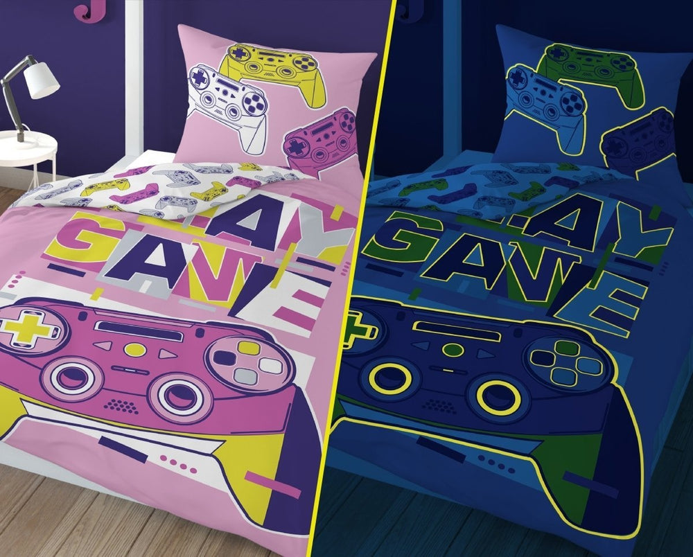 Glow in the dark dekbedovertrek Game roze - katoen - 1-persoons (140x200 + 70x80 cm)