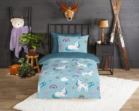 Kinderdekbedovertrek Snowycorn - Flanel - 1-persoons (140x220 + 60x70 cm)