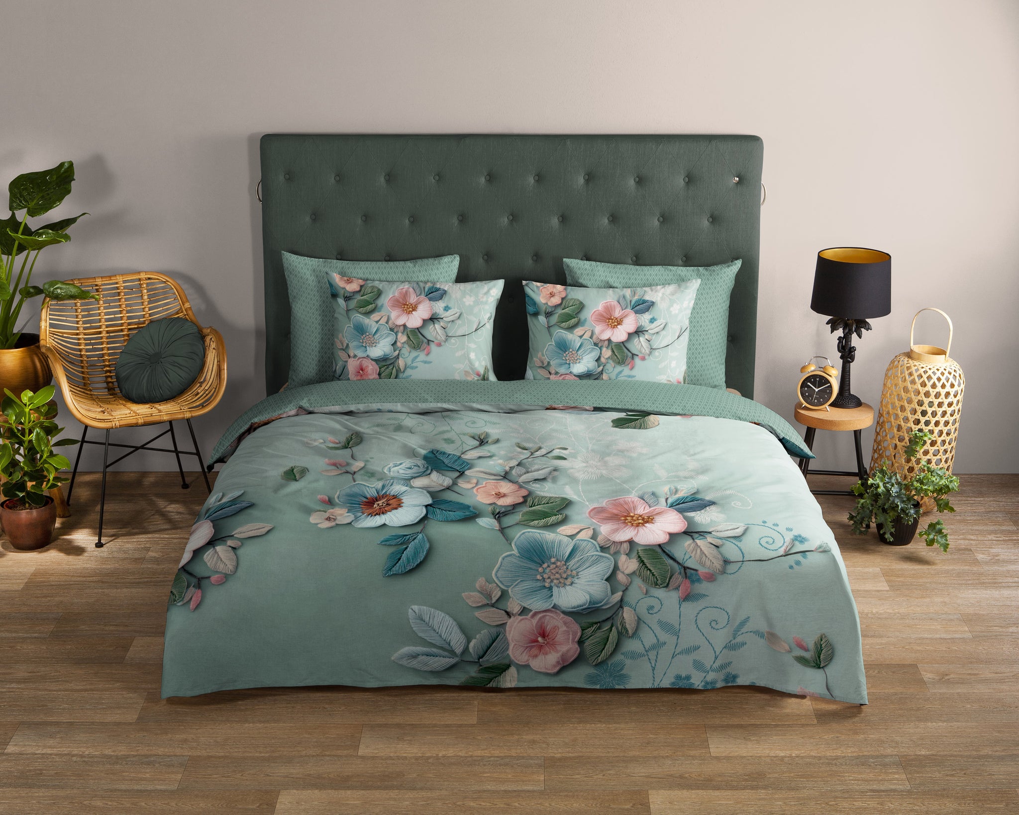 bloemen dekbedovertrek groen