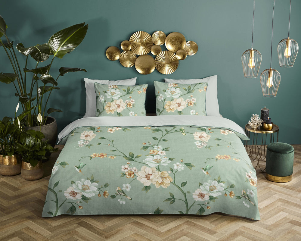 Descanso dekbedovertrek Sizena - bloemen - groen - Katoensatijn