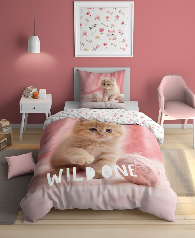 Glow in the dark kinderdekbedovertrek Kitten Wild One - katoen - 1-persoons (140x200+70x80 cm)