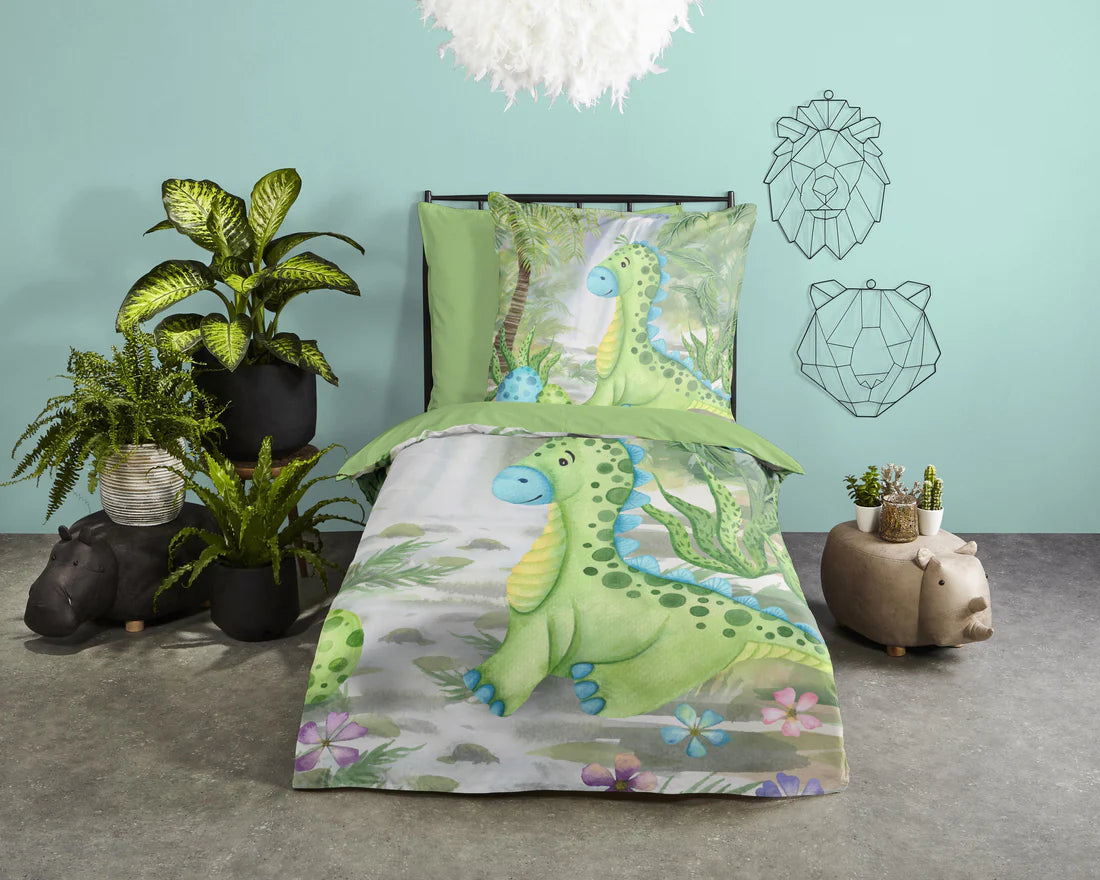 Kinderdekbedovertrek Dino ei - groen - katoen - 1-persoons (140x220 + 60x70 cm)