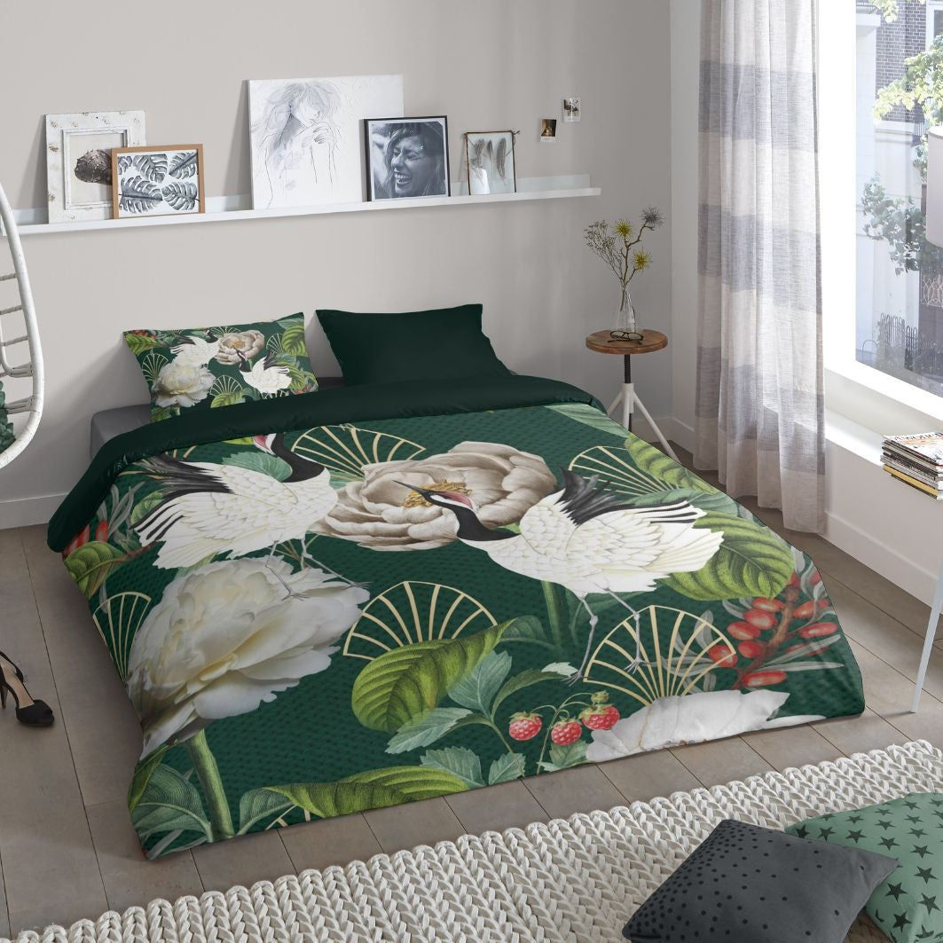 Good morning dekbedovertrek Kraanvogels groen - Katoen - 2-persoons (200x220 + 2st 60x70cm)