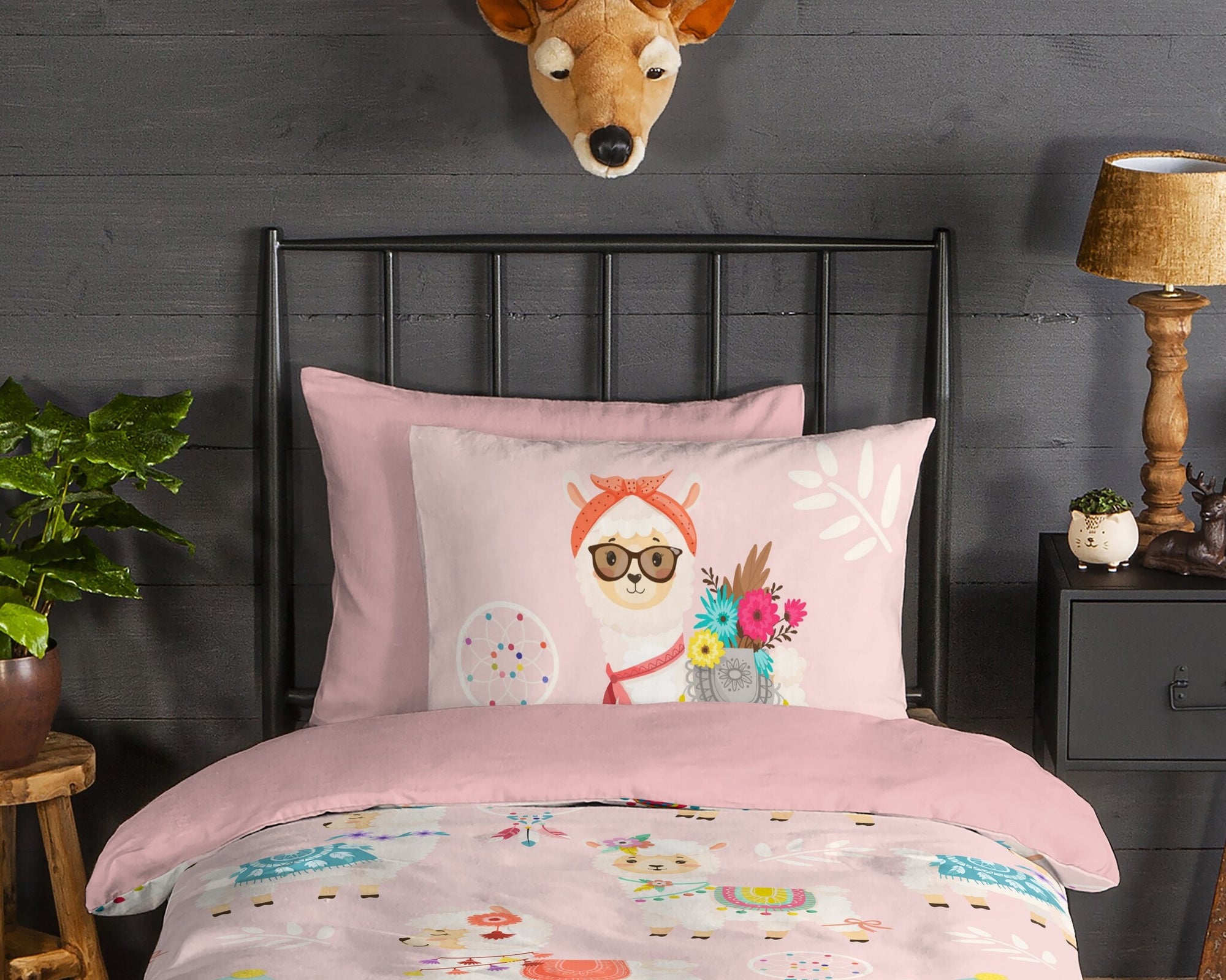 Kinderdekbedovertrek Ladida lama - roze - Flanel - 1-persoons (140x220 + 60x70 cm)