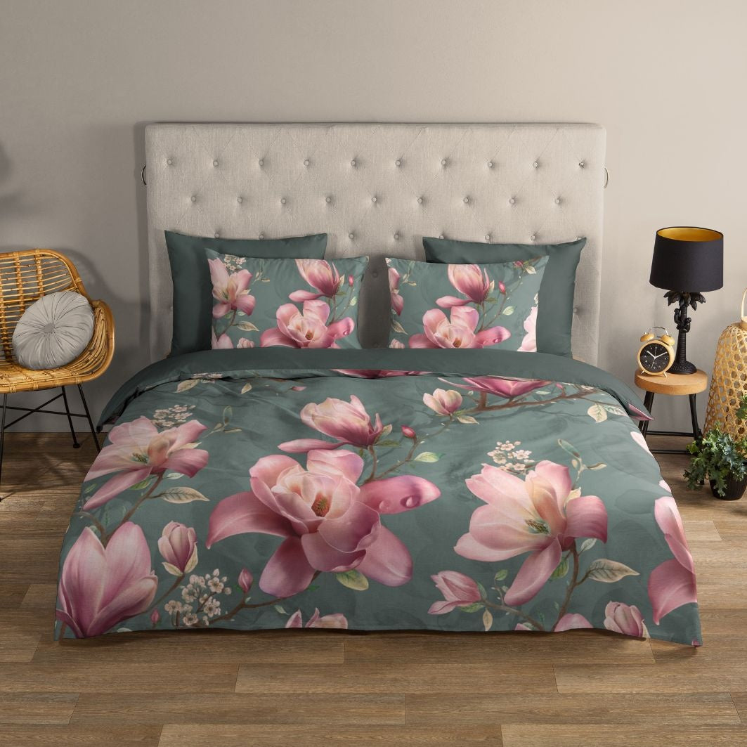 Katoen dekbedovertrek Magnolia groen - 2-persoons (200x220 + 2st. 60x70 cm)