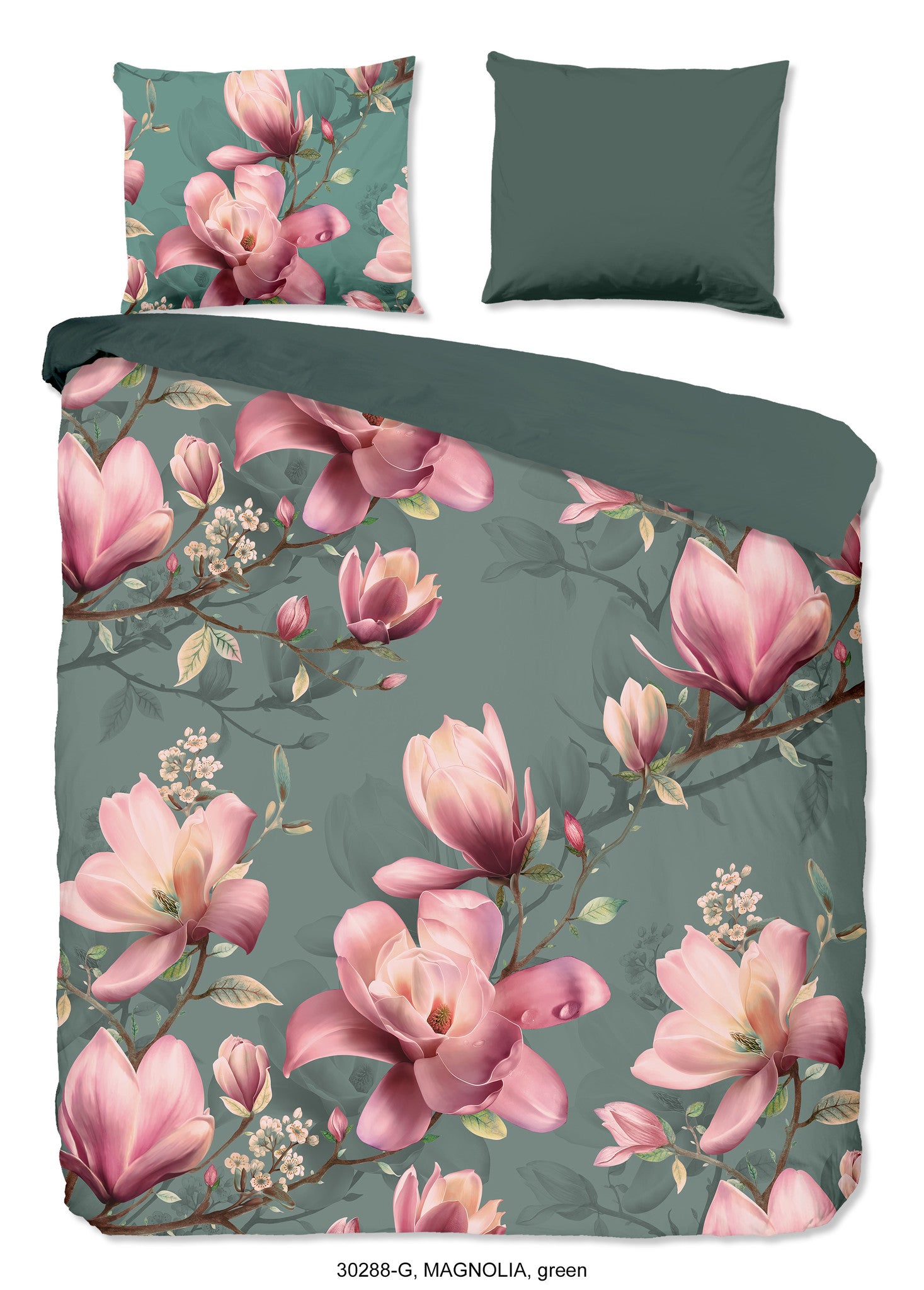 Katoen dekbedovertrek Magnolia groen - 2-persoons (200x220 + 2st. 60x70 cm)