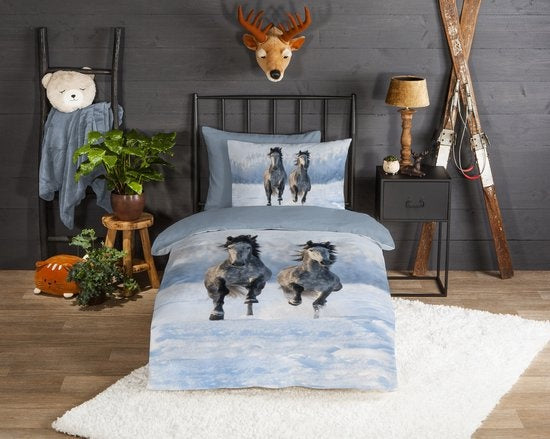 Good morning  dekbedovertrek snow horses paarden - flanel - 1-persoons (140x220 + 60x70 cm)