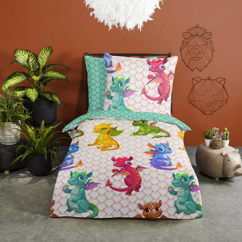 Kinderdekbedovertrek Dragons - Katoen - 1-persoons (140x220 + 60x70 cm)