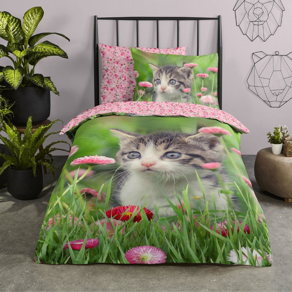 Good Morning dekbedovertrek kitten bloemen - Katoen - 1-persoons (140x220 + 60x70 cm)