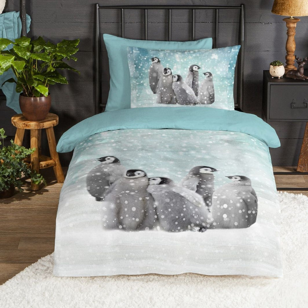 Good morning dekbedovertrek Pinguïns - flanel - lichtblauw - eenpersoons