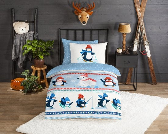 Kinderdekbedovertrek Pinguïns - blauw - Flanel - 1-persoons (140x220 + 60x70 cm)