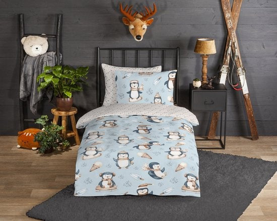 Flanel kinderdekbedovertrek Jani - pinguïns - lichtblauw - eenpersoons (140x220 + 60x70 cm)