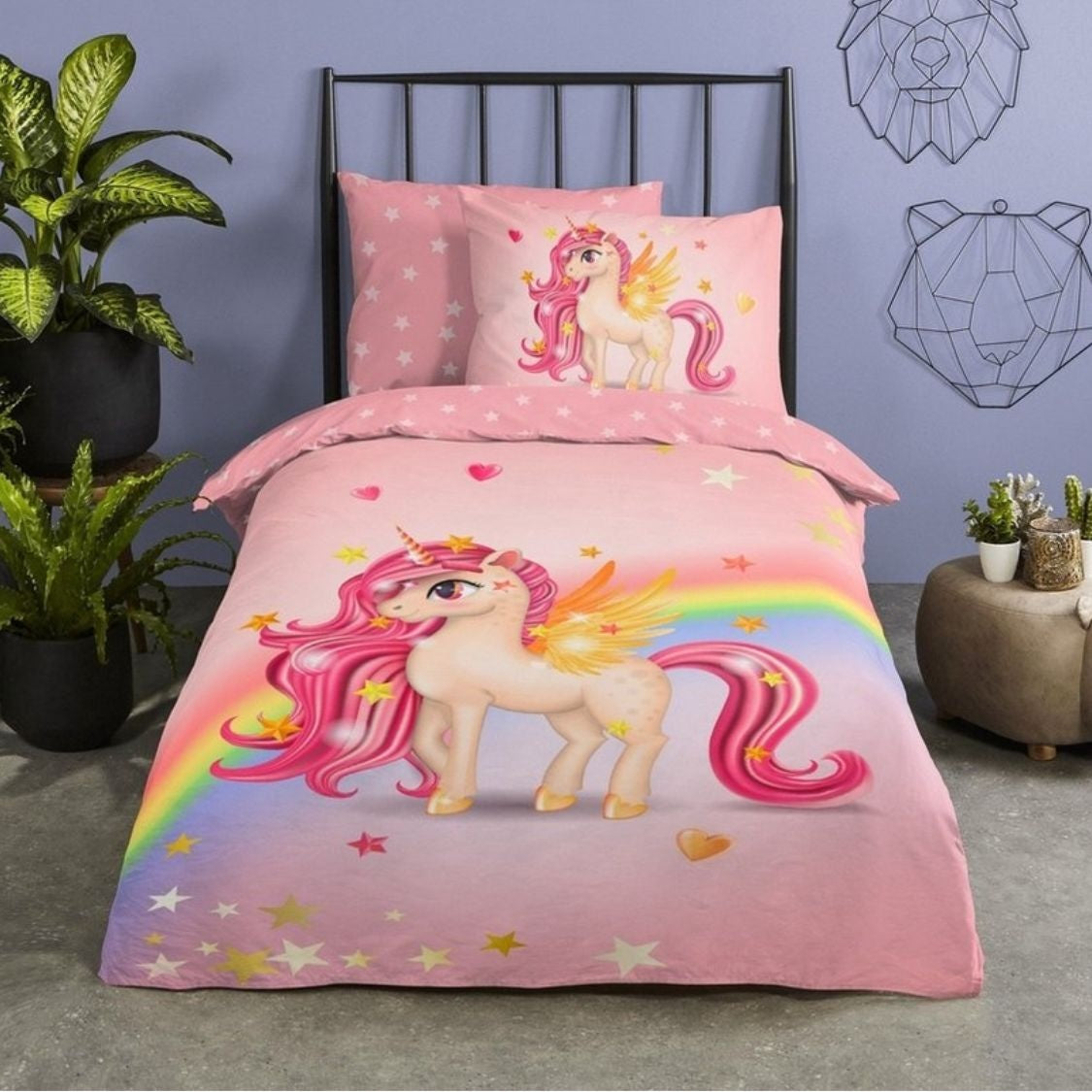 Kinderdekbedovertrek Unicorn rainbow - Katoen - 1-persoons (140x220 + 60x70 cm)