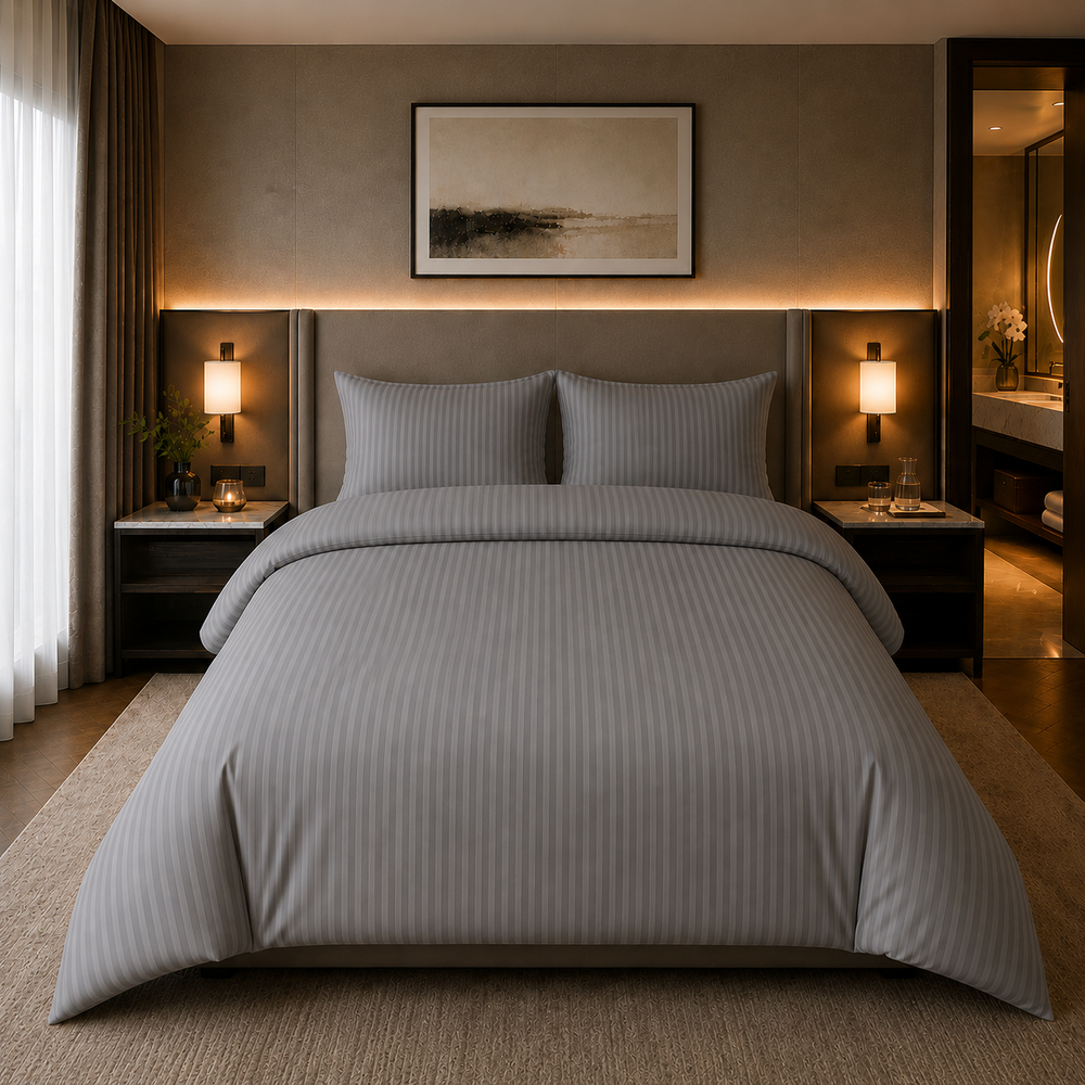 Hotelstreep dekbedovertrek - grijs - katoensatijn - 2-persoons