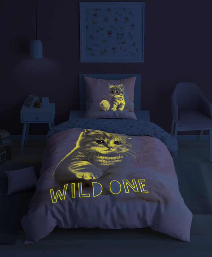 Glow in the dark kinderdekbedovertrek Kitten Wild One - katoen - 1-persoons (140x200+70x80 cm)