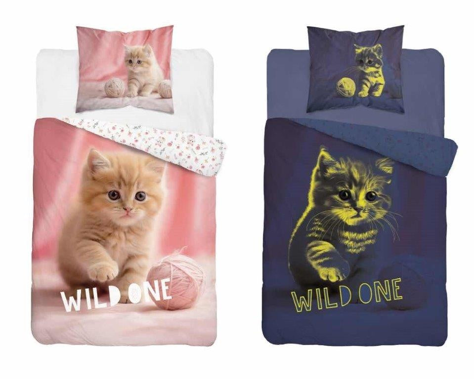 Glow in the dark kinderdekbedovertrek Kitten Wild One - katoen - 1-persoons (140x200+70x80 cm)