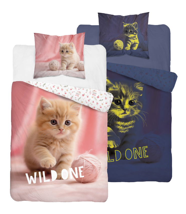 Glow in the dark kinderdekbedovertrek Kitten Wild One - katoen - 1-persoons (140x200+70x80 cm)