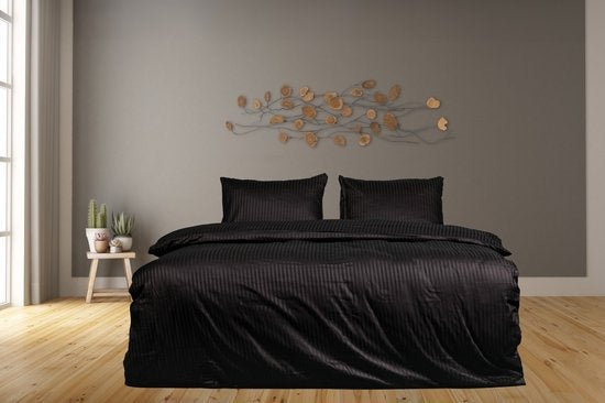 Hotelstreep dekbedovertrek - zwart - katoensatijn - 1-persoons (140x220 + 60x70cm)