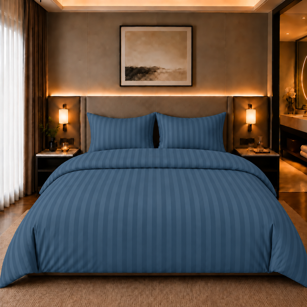 Decoware dekbedovertrek Hotelstreep - blauw - katoensatijn