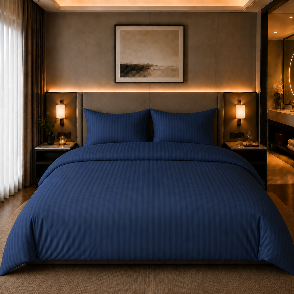Decoware dekbedovertrek Hotelstreep - blauw - katoensatijn