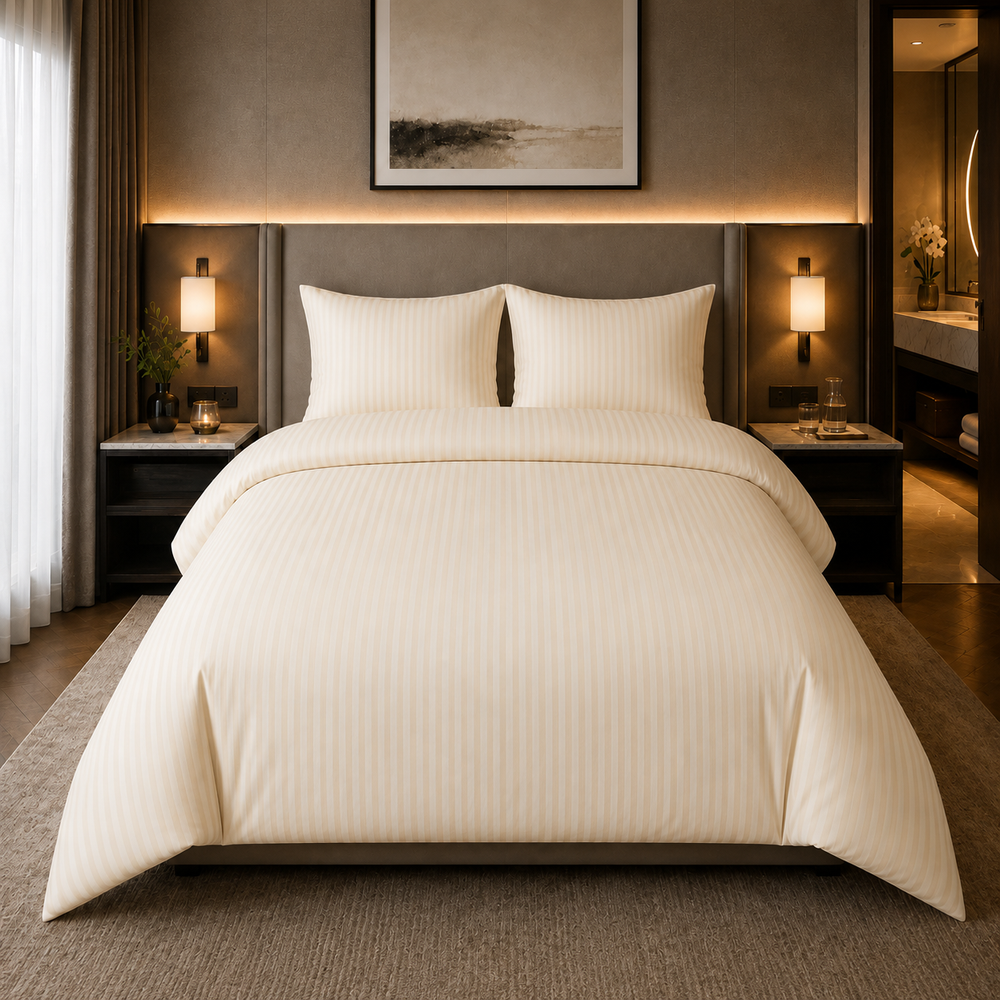 Hotelstreep dekbedovertrek - crème - katoensatijn