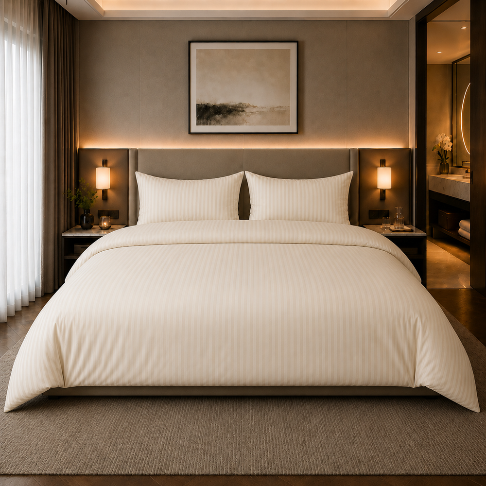 Hotelstreep dekbedovertrek - crème - katoensatijn