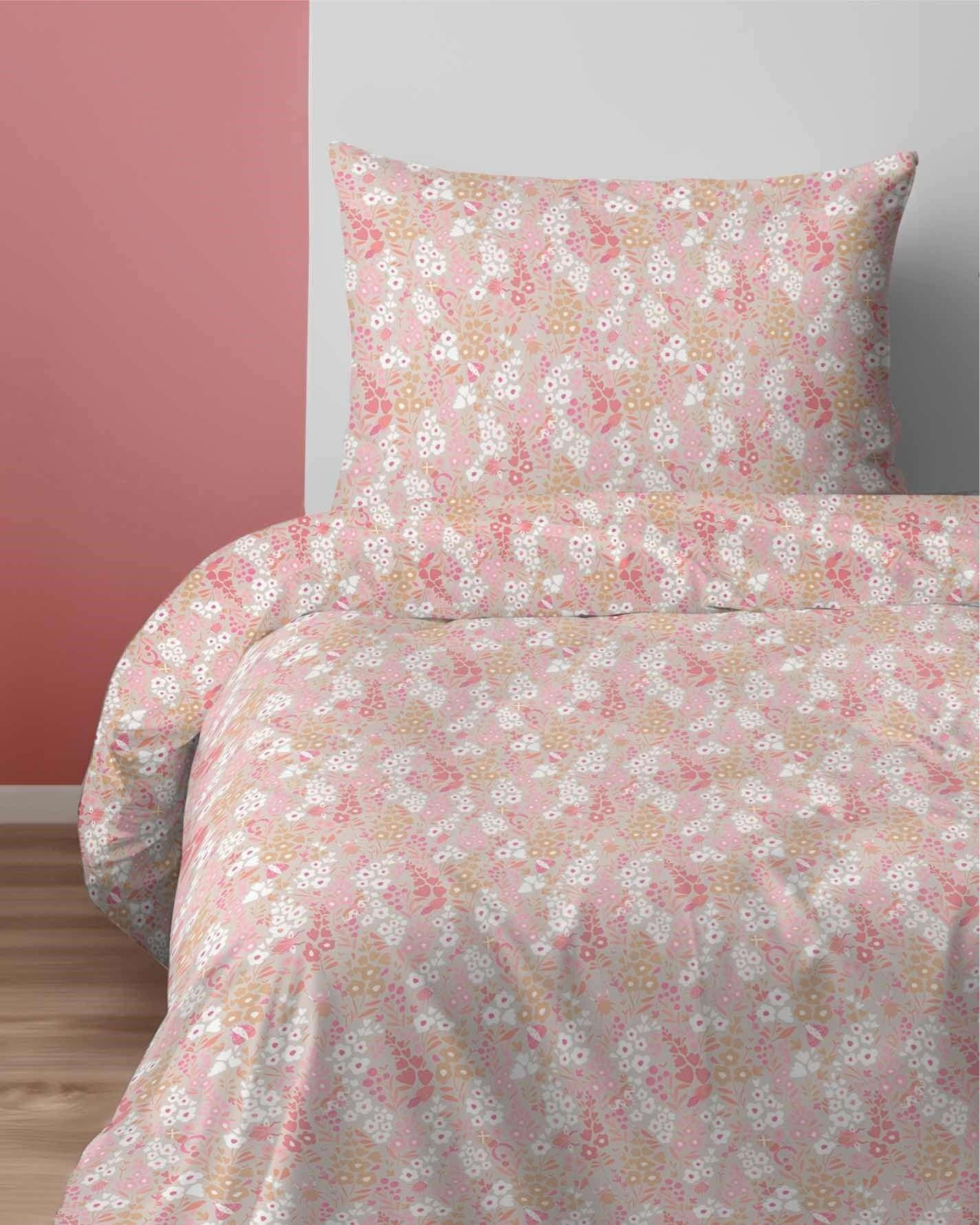 Katoen dekbedovertrek Bloemen - taupe/roze - katoen - 1-persoons (140x200 + 70x80 cm)