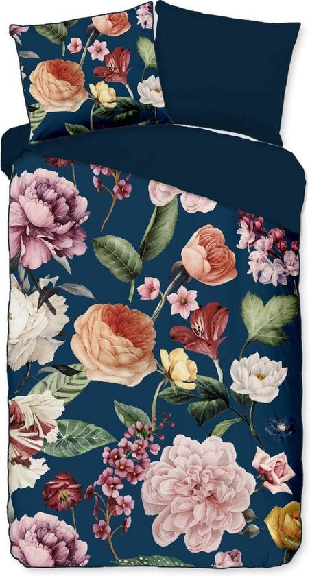 Descanso dekbedovertrek Fiori - blauw - katoensatijn - eenpersoons - 140x220 + 60x70cm