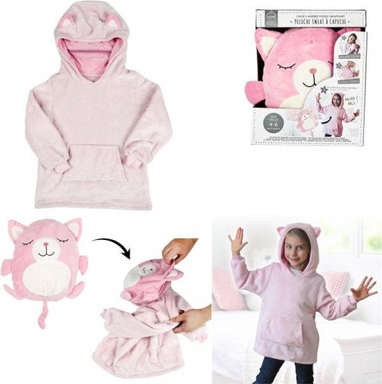 Kinder fleece hoodie - roze met katten oortjes