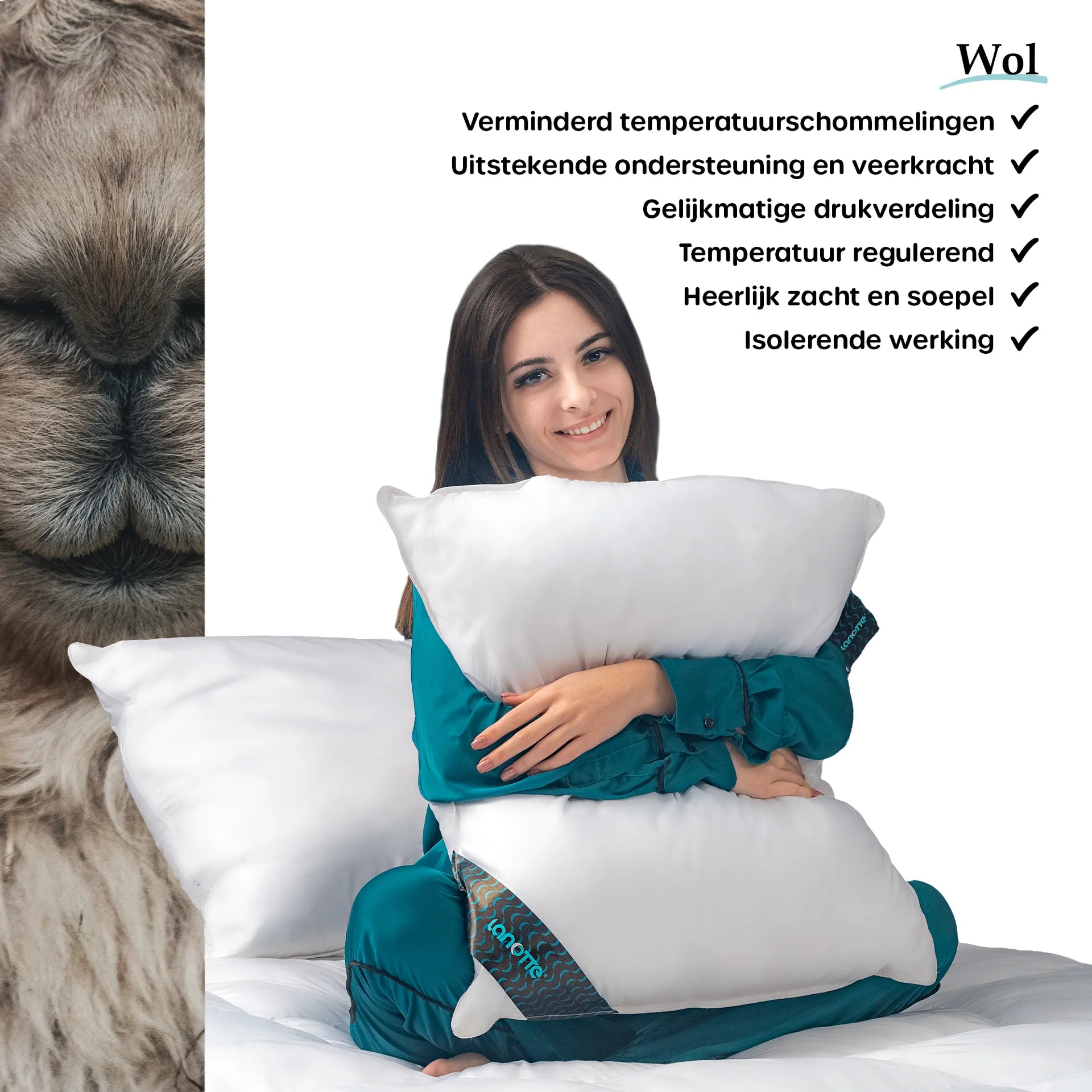 Lanotte® hoofdkussen - 100% wol vulling - 60x70 cm