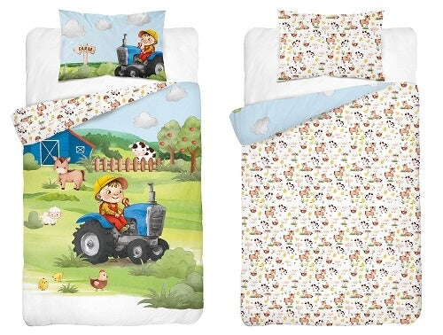 Ledikant dekbedovertrek Boerderij blauwe trekker - bamboe/katoen - 100x135 + 40x60 cm