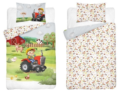 Ledikant dekbedovertrek Boerderij rode trekker - bamboe/katoen - 100x135 + 40x60 cm