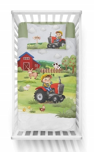 Ledikant dekbedovertrek Boerderij rode trekker - bamboe/katoen - 100x135 + 40x60 cm