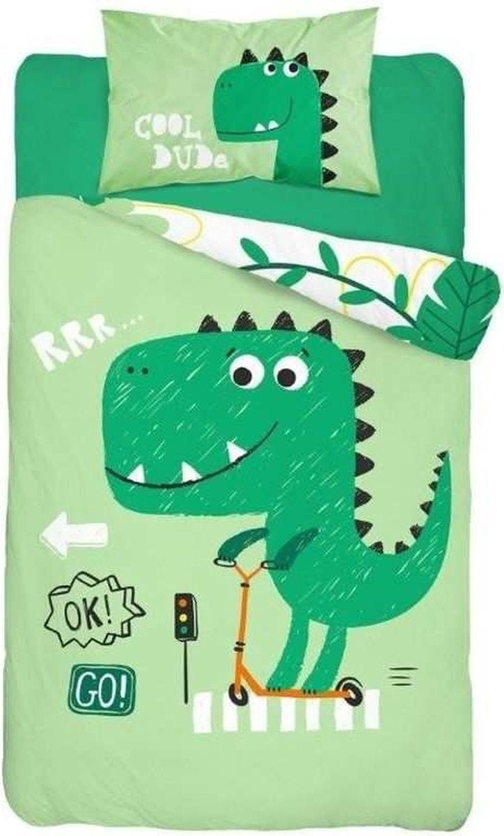 Ledikant dekbedovertrek Dinosaurus - groen - bamboe/katoen - 100x135 cm + 40x60 cm