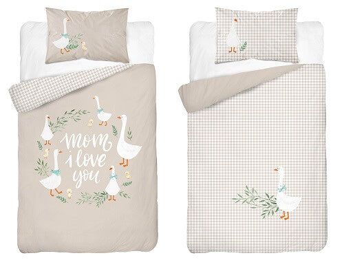 Ledikant dekbedovertrek Ganzen Mom - i love you - zand - bamboe/katoen - 100x135 + 40x60 cm