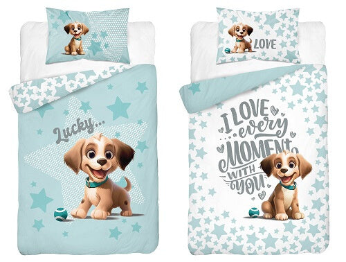 Ledikant dekbedovertrek Hondje Lucky - blauw - bamboe/katoen - 100x135 + 40x60 cm