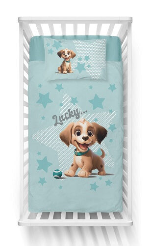 Ledikant dekbedovertrek Hondje Lucky - blauw - bamboe/katoen - 100x135 + 40x60 cm