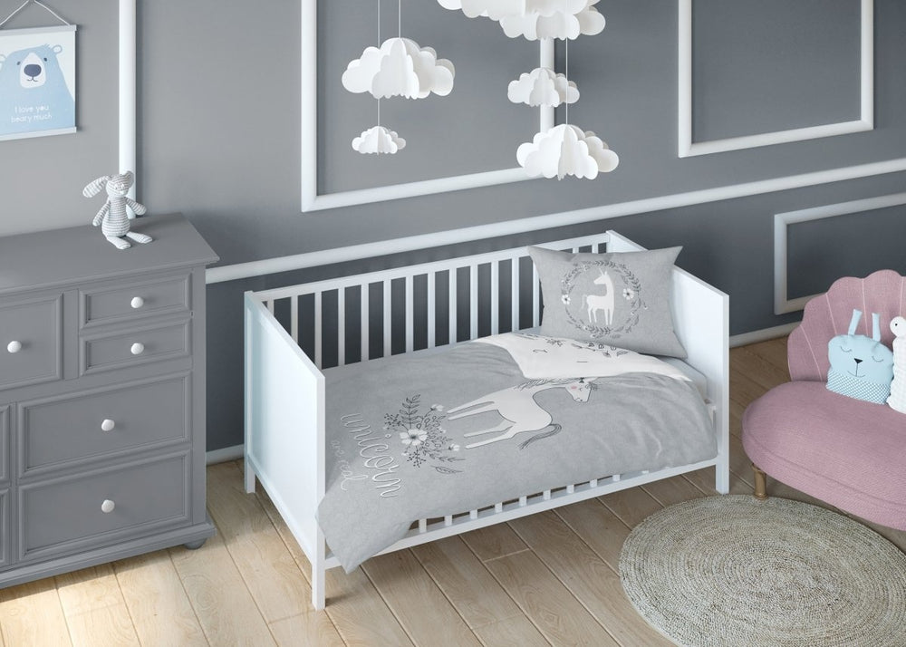 Mayamoo ledikant dekbedovertrek Unicorn - grijs - bamboe/katoen - 100x135 cm + 40x60 cm