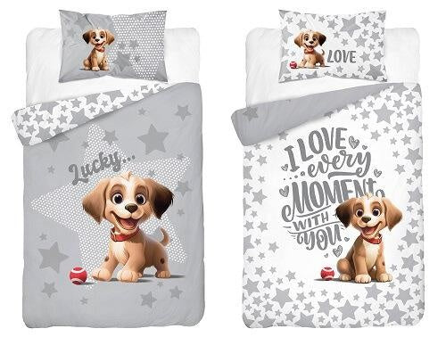 Mayamoo ledikant dekbedovertrek Hondje Lucky - grijs - bamboe/katoen - 100x135 + 40x60 cm