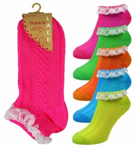 Enkelsokjes met kant neon (Per 1 paar) - maat 35-41