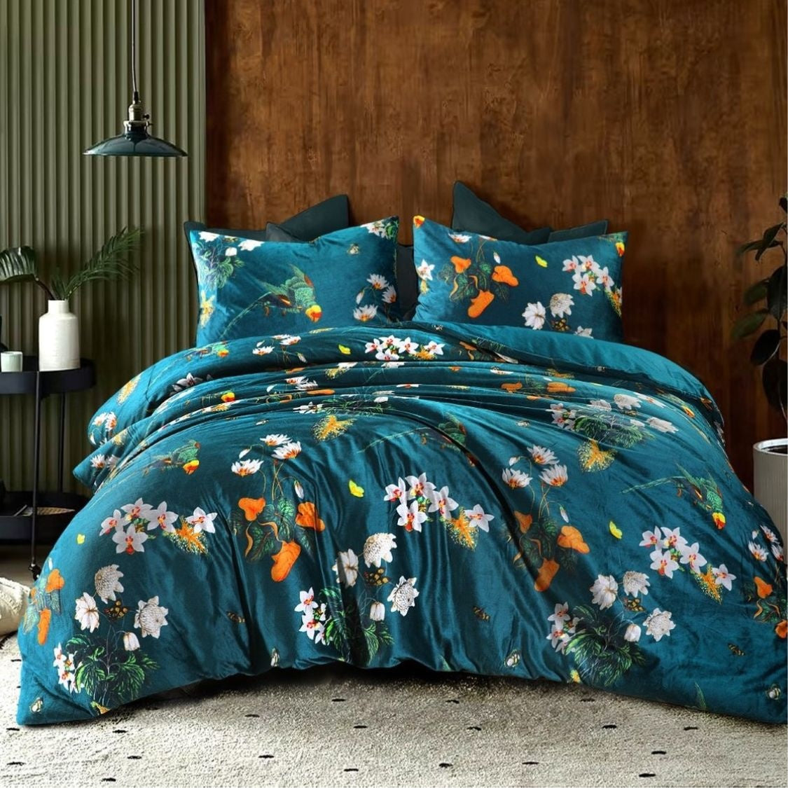 Velvet dekbedovertrek Parrot  - Petrol - Bloemen