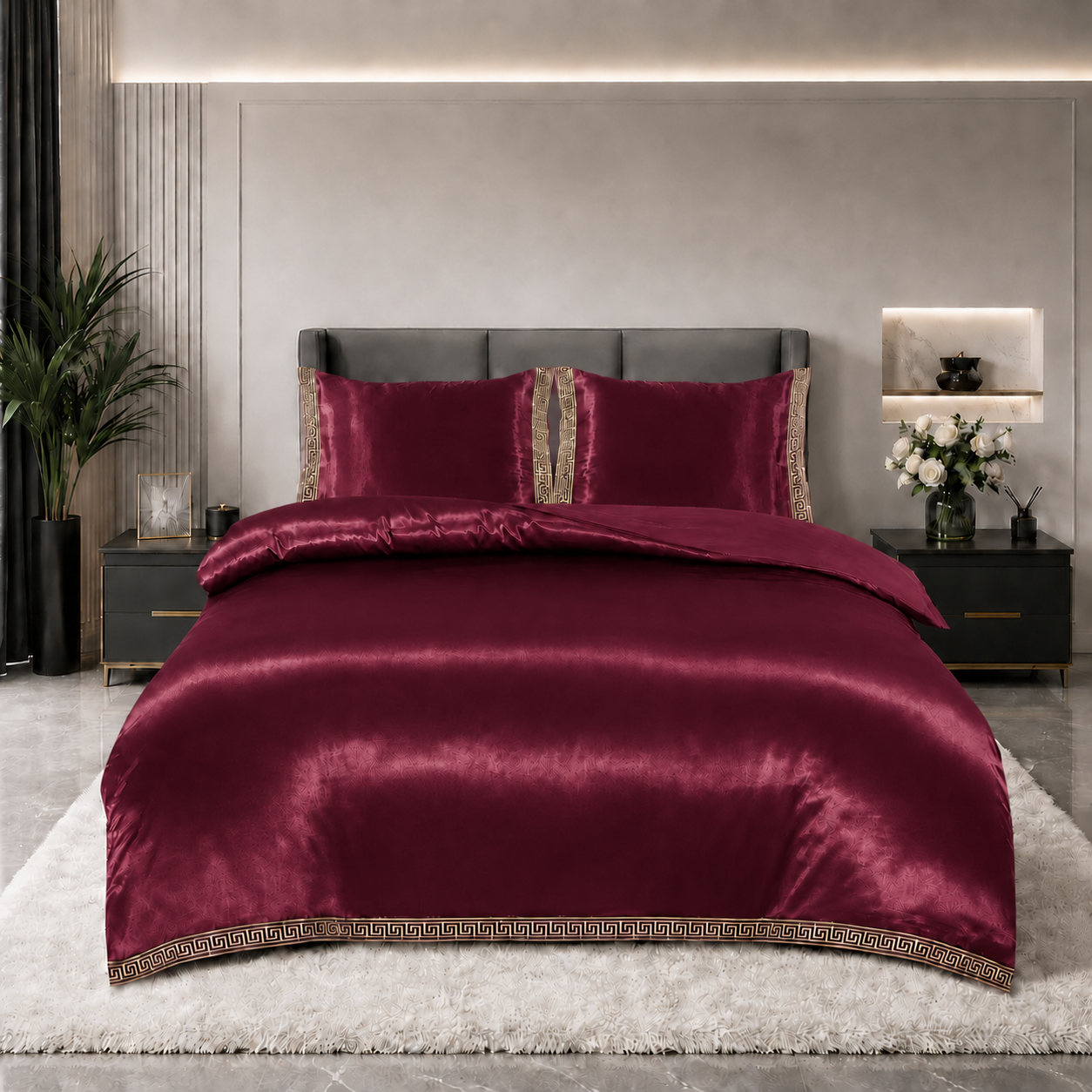 Glans satijn dekbedovertrek Lace - Burgundy