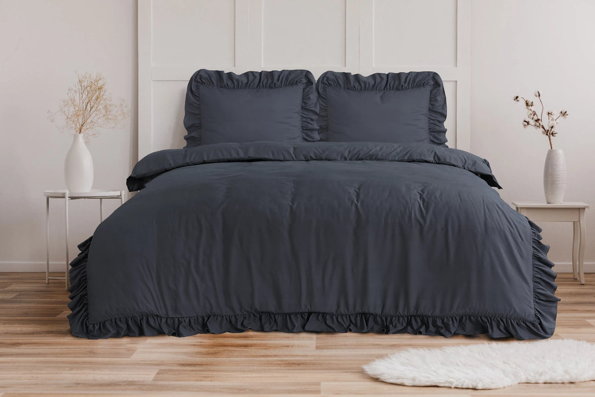 Sleeptime dekbedovertrek Ruffles - Microvezel - Antraciet - 1-persoons (140x220 + 60x70 cm)