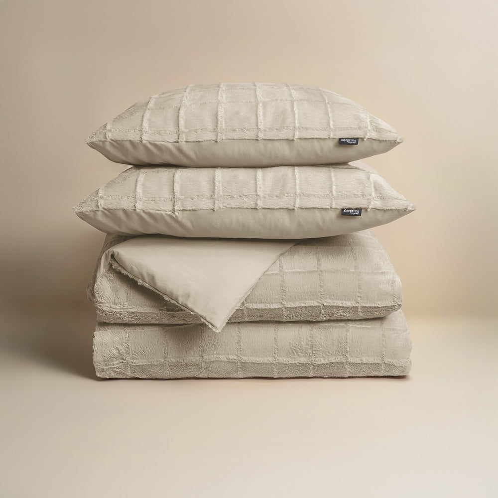 Faux fur dekbedovertrek onderkant microvezel Check - Beige