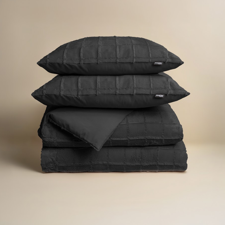 Faux fur dekbedovertrek Check onderkant microvezel - Zwart